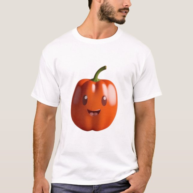 Camiseta Bonita Fruta de Paprika Laranja com Rosto (Frente)