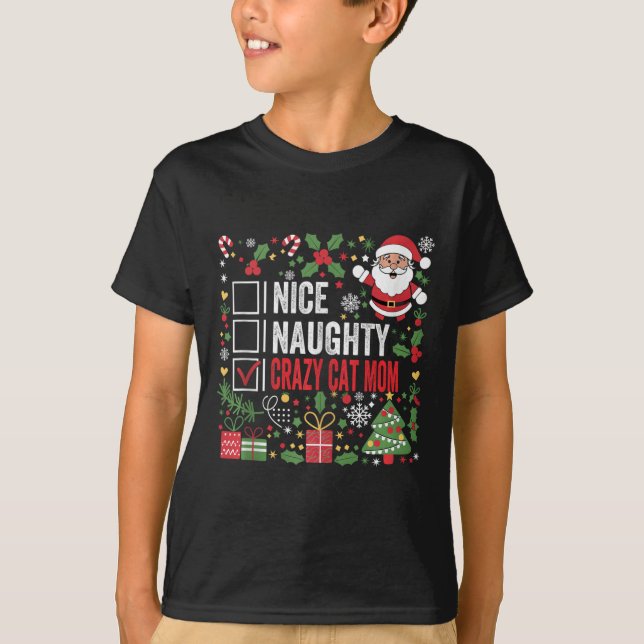 Camiseta Bonita Gato Louco Mãe Papais noeis de Natal Engraç (Frente)