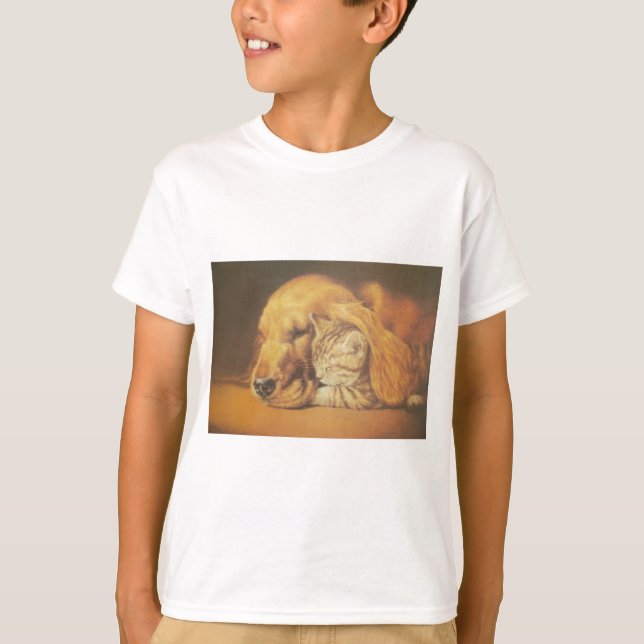 Camiseta Bonita Impressão de Arte de Cachorro e Gato Incrív (Frente)