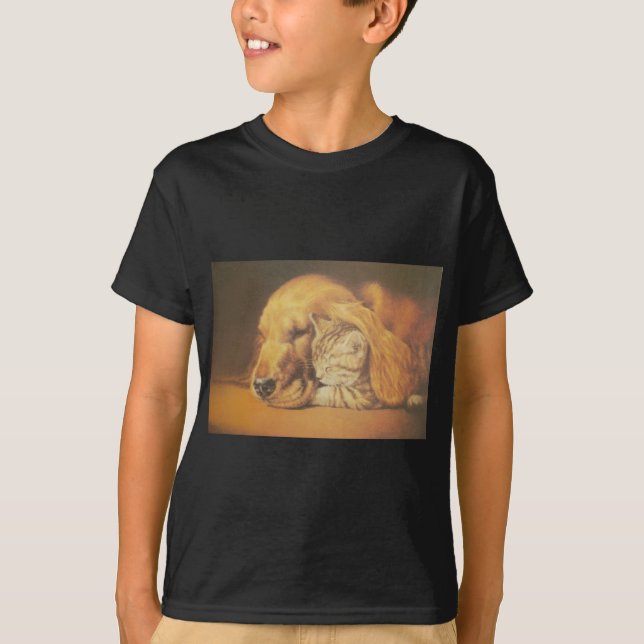 Camiseta Bonita Impressão de Arte de Cachorro e Gato Incrív (Frente)