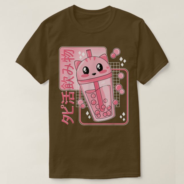 Camiseta Bonita Kawaii Boba Tea Cat Bubble Tea Anime Japonê (Frente do Design)