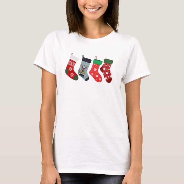 Camiseta Bonita Meias de Natal Mulheres Modernas Vermelhas (Frente)