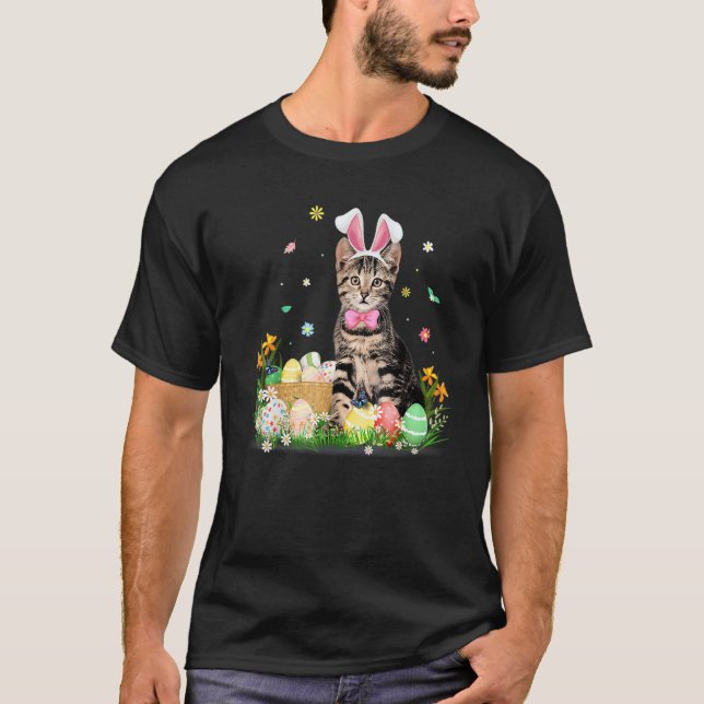 Camiseta Bonita Páscoa Dia de Gato Coelhinho Ovos Figurino  (Frente)