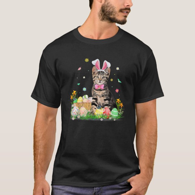 Camiseta Bonita Páscoa Dia de Gato Ovos Coelhinhos Figurino (Frente)