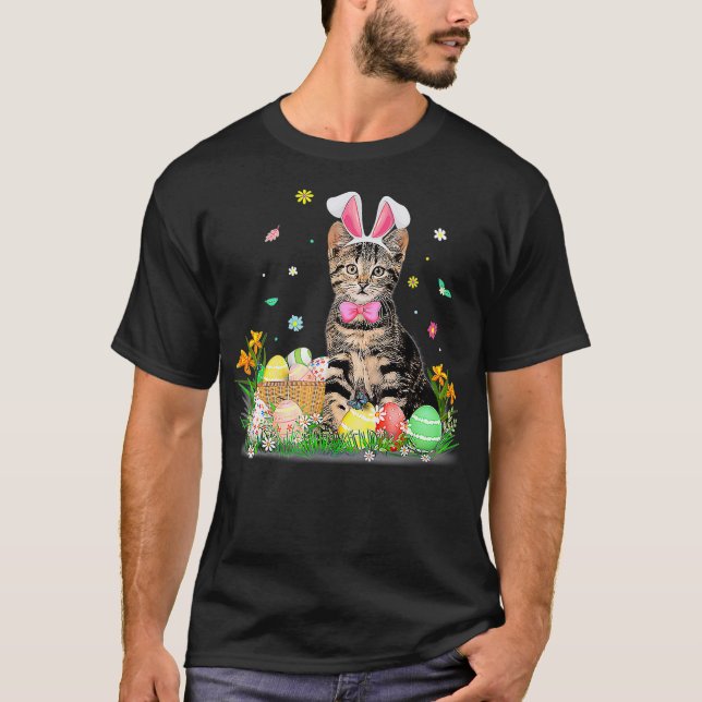 Camiseta Bonita Páscoa Dia de Gato Ovos Coelhinhos Figurino (Frente)