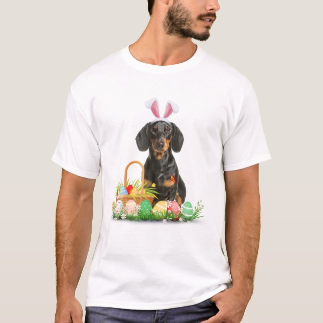Camiseta Bonita Páscoa do dia de Dachshund Coelhinhos Ovos  (Frente)