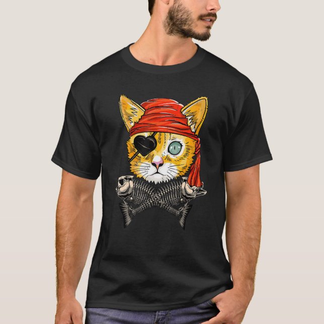 Camiseta Bonita Pirata Gato Face Jolly Roger Flag Halloween (Frente)
