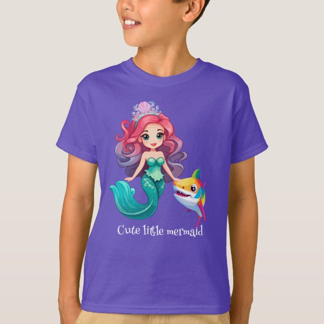 Camiseta Bonita princesa de sereia de tubarão arco-íris cri (Frente)