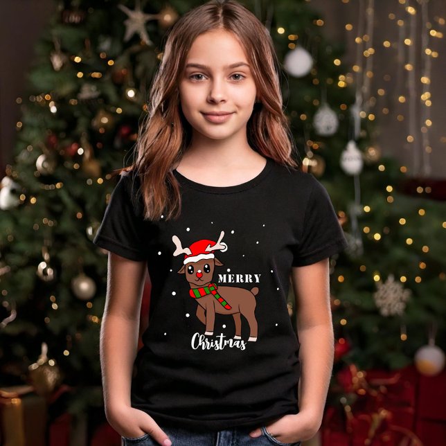 Camiseta Bonita Reindeer Desenhando Flocos de Neve Feliz Na (Criador carregado)