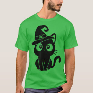 Camiseta Bonita Retrora Negra Bruxa Queda Gato de Halloween