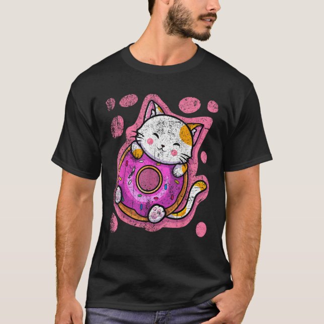 Camiseta Bonita Rosquinha de Gato de Kawaii, japonesa, mulh (Frente)