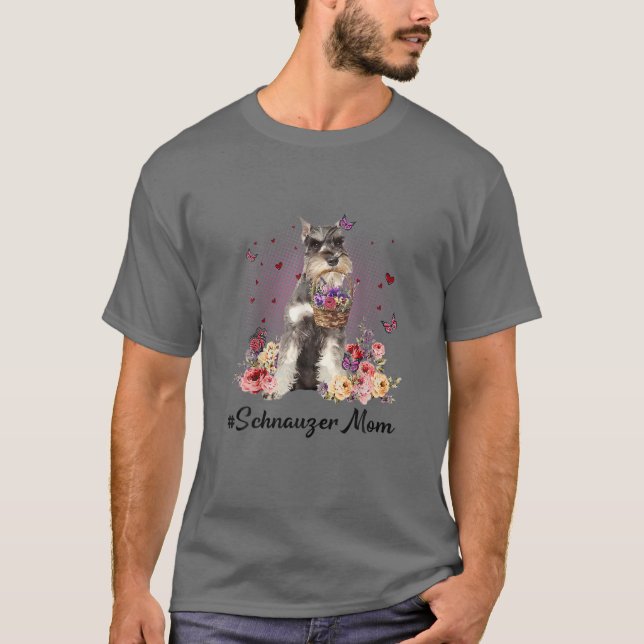 Camiseta Bonita Schnauzer Mãe Flor Feliz Dia de as mães Amo (Frente)