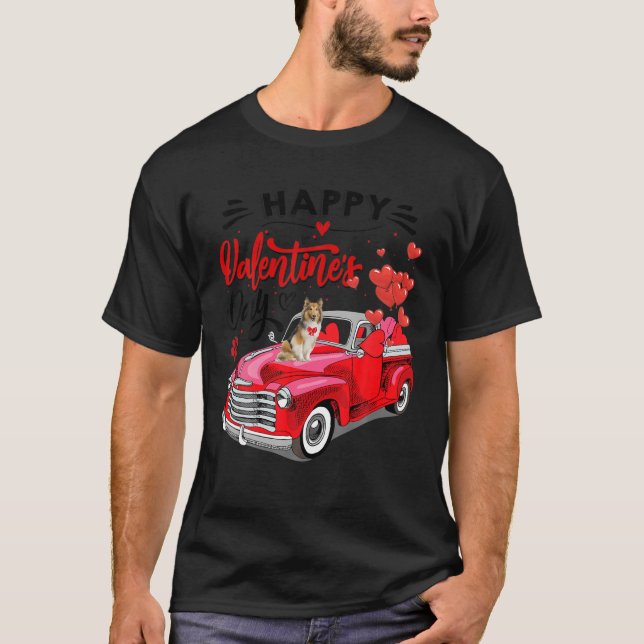 Camiseta Bonita Sheltie Dog Red Truck Namorados Feliz Dia V (Frente)