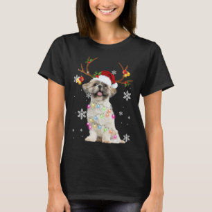 Camiseta Bonita Shh Tzu Christmas Reindeers Luzes de Natal