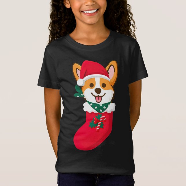 Camiseta Bonita Surpresa De Corgi De Natal Na Meia Cor (Frente)