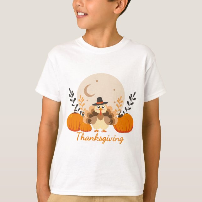 Camiseta Bonitinha de Ação de Graças Turca Laranja Pumpkins (Frente)