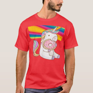 Camiseta Bonito Arco-Íris Unicórnio Que Alimenta Rosquinha