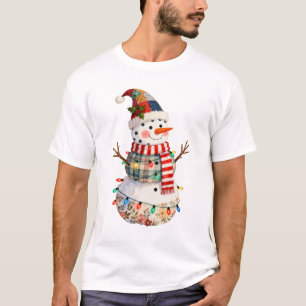 Camiseta Bonito Boneco de Neve em Patchwork Luzes de Natal