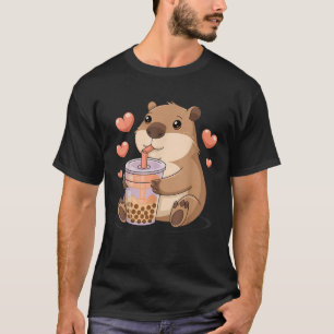 Camiseta Bonito Coração Capybara Kawaii Bebendo Bubble Tea