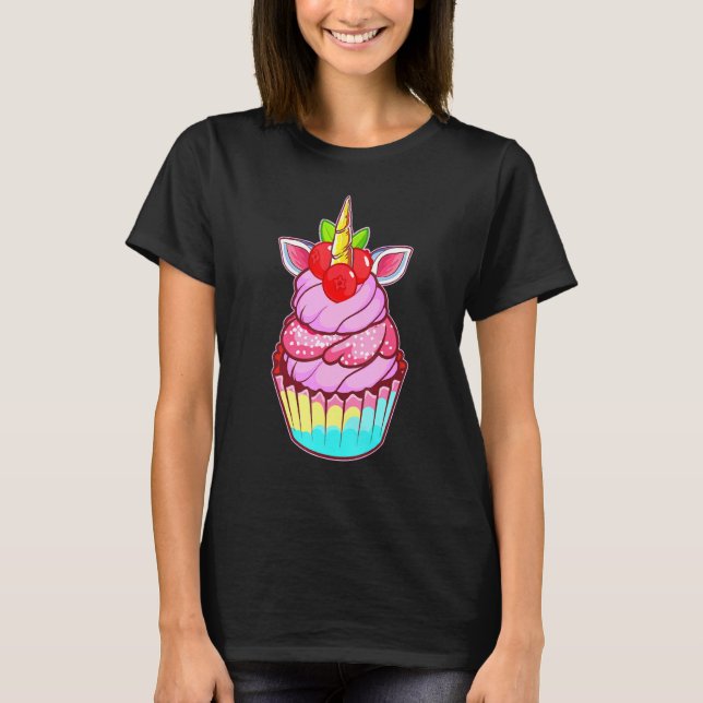 Camiseta Bonito Cupcake de Baking do Unicórnio Rainbow Swee (Frente)