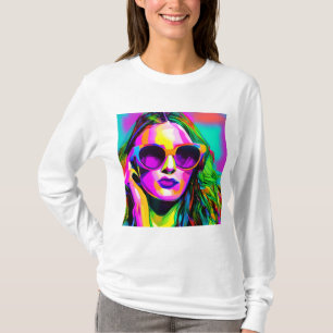 Camiseta Bonito de arte digital colorida dama em óculos esc