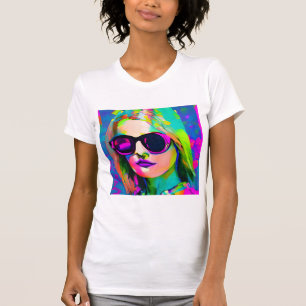 Camiseta Bonito de arte digital colorida dama em óculos esc
