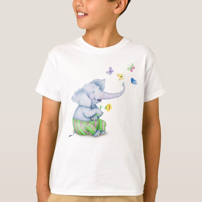 Camiseta Bonito Elefante Para Bebês E Borboletas Ilustração (Frente)