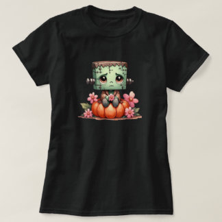 Camiseta Bonito Frankenstein Sentado em Pumpkin com Flores