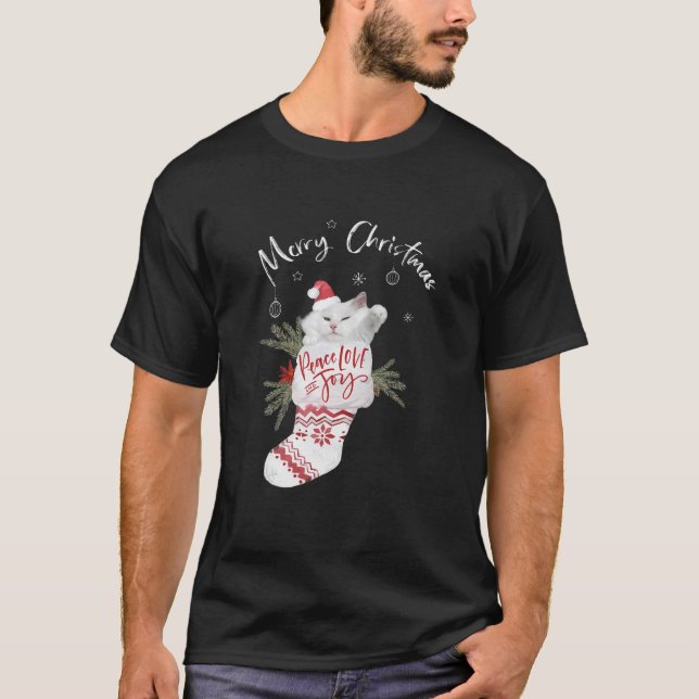 Camiseta Bonito Gato Branco Paz Amor E Feliz De Meia-Alegri (Frente)