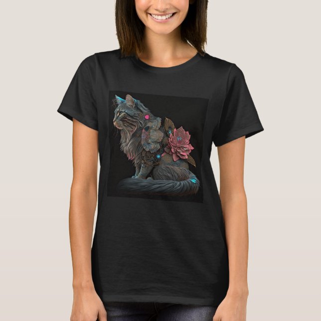 Camiseta Bonito gato galhado com flores rosa (Frente)
