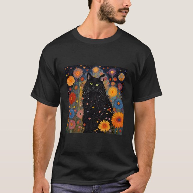 Camiseta Bonito Gato Preto Como Noite Cercado Por Estrelas  (Frente)