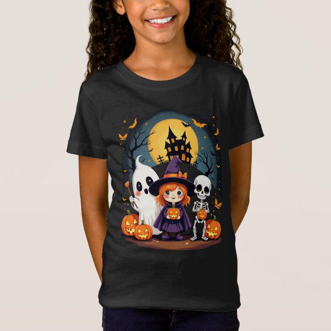 Camiseta Bonito Halloween Kids Tee Ghost Witch Skeleton (Frente)