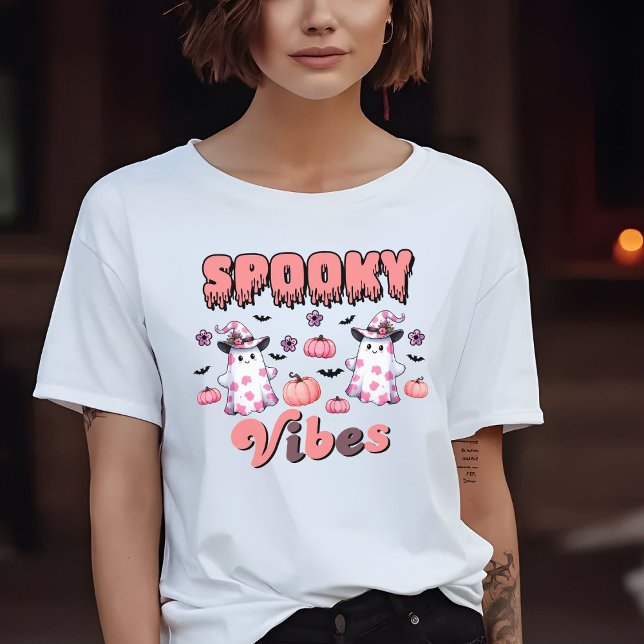 Camiseta Bonito Halloween Retro Spooky Vibes Fantasmas Rosa (Criador carregado)