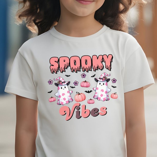 Camiseta Bonito Halloween Retro Spooky Vibes Fantasmas Rosa (Criador carregado)