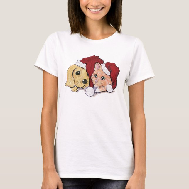 Camiseta Bonito Natal Labrador Puppy e Orange Tabby (Frente)