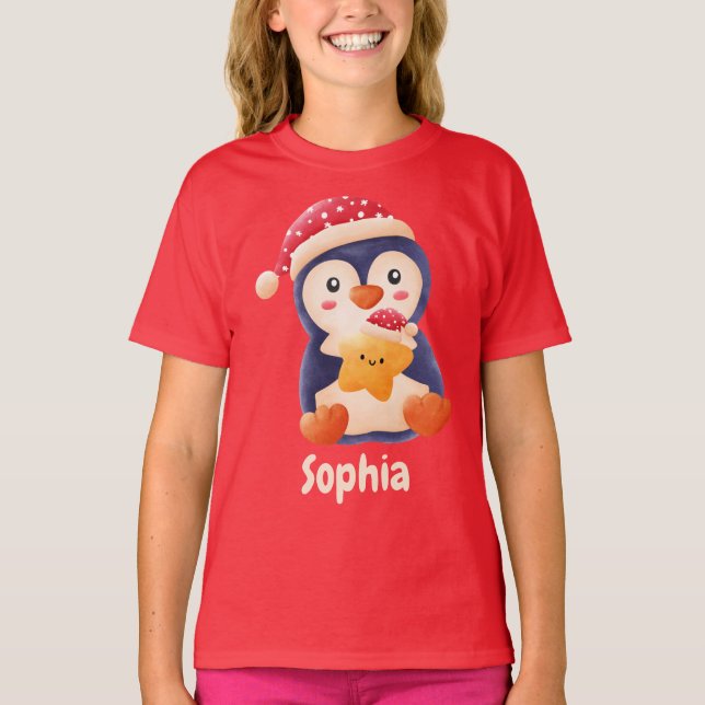 Camiseta Bonito Natal Pinguim Festivo Pinguim Personalizado (Frente)