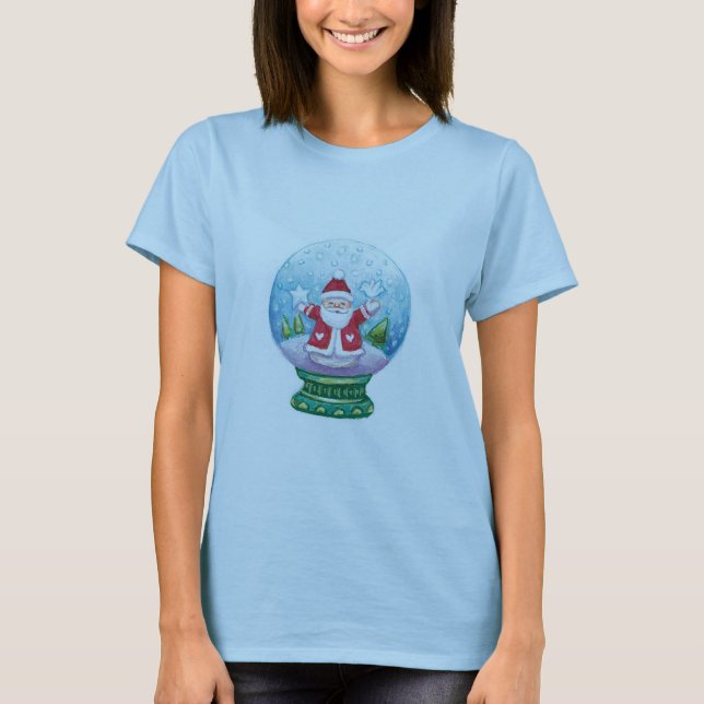 Camiseta Bonito Natal Snowglobe Papai Noel, Estrela, Pássar (Frente)