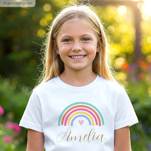 Camiseta Bonito Rainbow Amor Coração Personalizada Rapariga