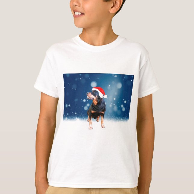 Camiseta Bonito Rottweiler Cachorro Natal Santa Hat Estrela (Frente)