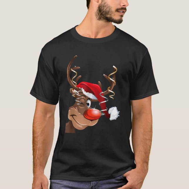 Camiseta Bonito Rudolph Red Nose Reindeer Santa Hat Natal (Frente)