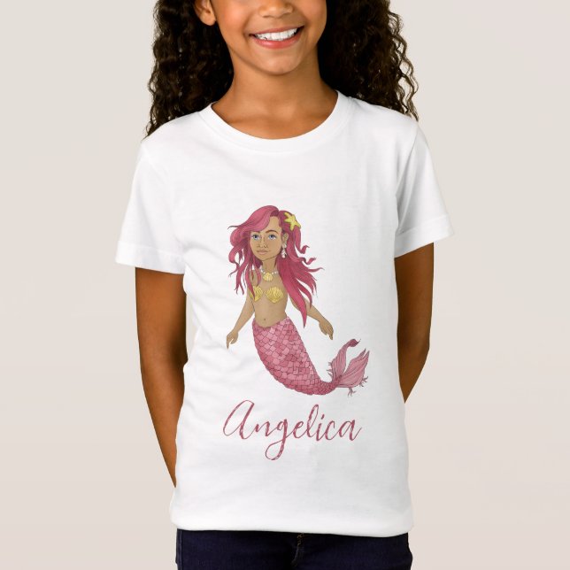 Camiseta Bonito Sereia Rosa Feliz Aniversário Nome Personal (Frente)