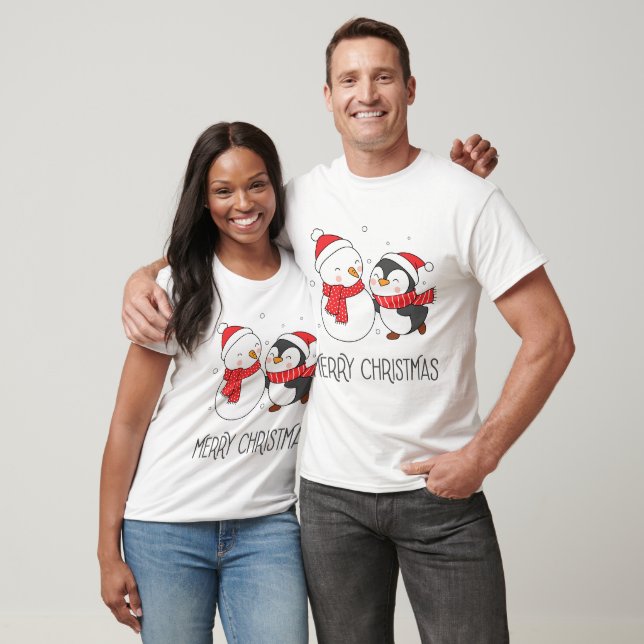 Camiseta Bonito Snowman e Pinguim Feliz Natal (Unissex)