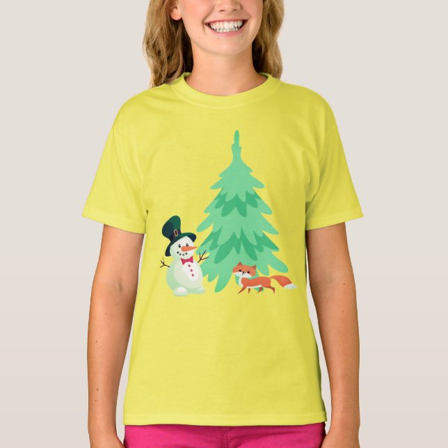 Camiseta Bonito Snowman, Fox Winter KIds Árvore de Natal (Frente)