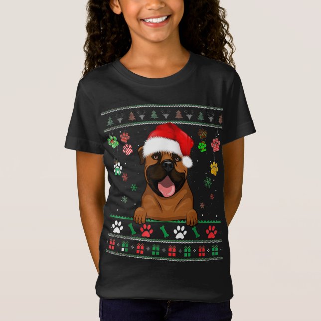 Camiseta Bonito Touro Mastiff Cachorro Xmas Papais noeis En (Frente)