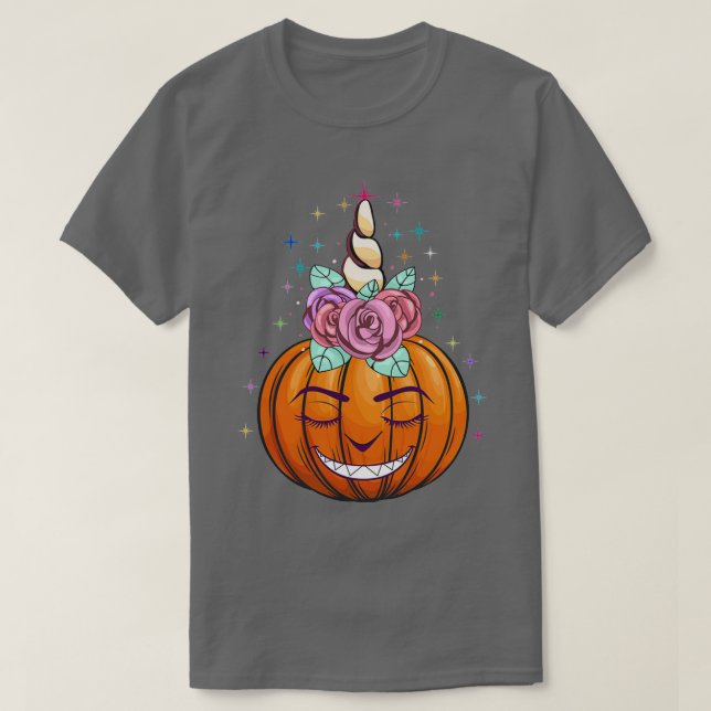 Camiseta Bonito Unicórnio Pumpkin Halloween Ação de Graças  (Frente do Design)