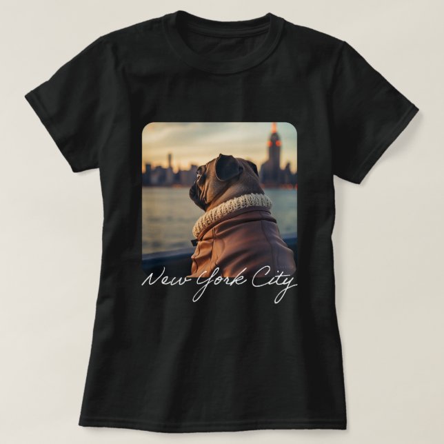 Camiseta Bonito Viagens Pug para o Porto de Nova York Engra (Frente do Design)