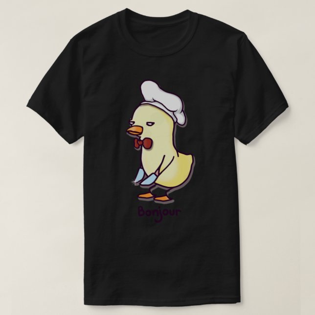 Camiseta Bonjour Chef Goose - Pato Kawaii com uma Faca (Frente do Design)