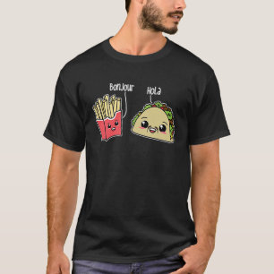 Camiseta Bonjour Hola French Fries Taco Língua Comida Pun