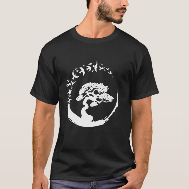 Camiseta Bonsai Tree Japonês Enso Circle Birds (Frente)
