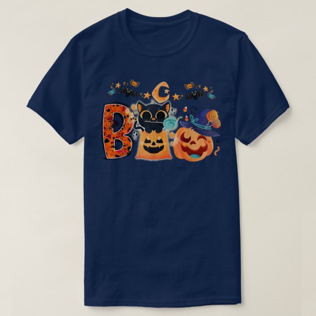 Camiseta Boo Black Cat Halloween Pumpkin Witch Hat Kittens (Frente do Design)